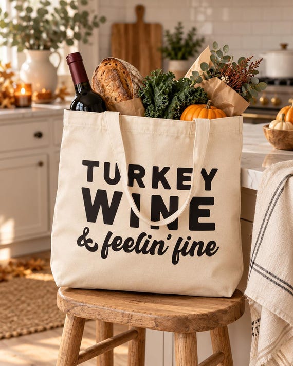 Turkey Wine Tote Bag, Thanksgiving Tote Bag, Friendsgiving Bag, Wine Lover Gift, Thanksgiving Hostess Gift, Fall Canvas Tote