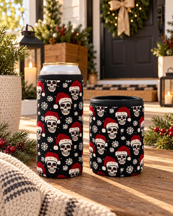 Gothic Christmas Skull Can Cooler, Santa Hat Pattern, 12 oz Drink Holder