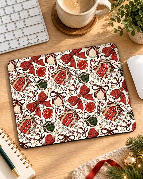 Festive Christmas Mouse Pad, Retro Bow & Ornament Pattern, Holiday Desk Accessory