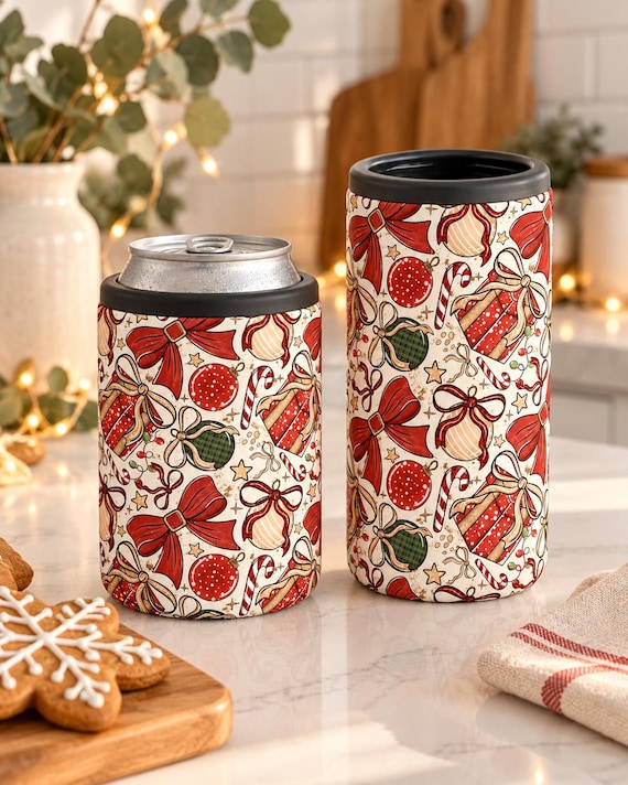 Christmas Bow Can Cooler, Festive Holiday Drink Holder (Standard or Slim)