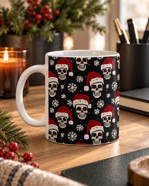 Santa Skull Christmas Mug, Gothic Holiday Drinkware (15 oz)