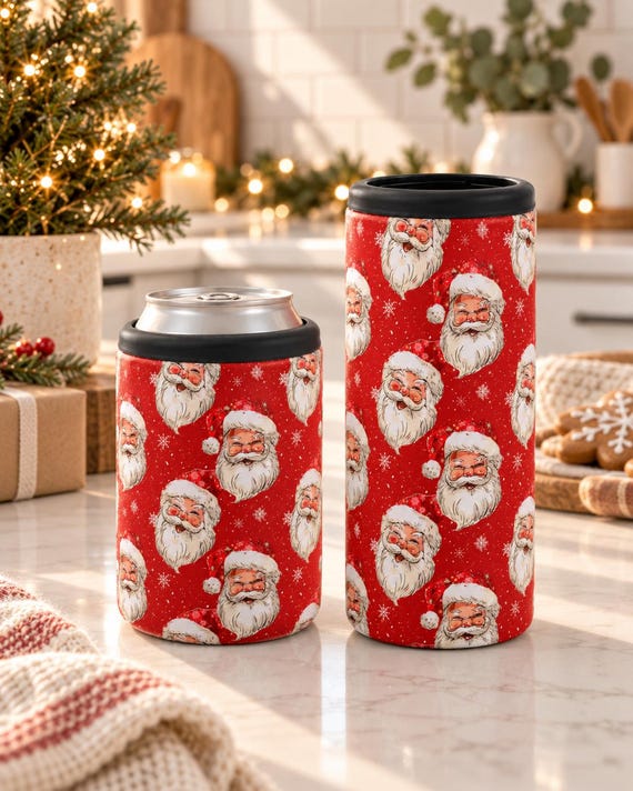 Retro Santa Can Cooler, Christmas Drink Holder, 12 oz Stainless Steel (Standard or Slim)