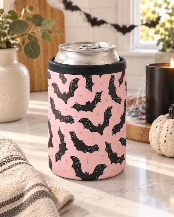 Pink Bat Halloween 12 oz Can Cooler | Spooky Beverage Holder