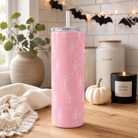 Pink Skeleton Halloween Tumbler | 18.5 oz Skinny Insulated Cup (Sublimated)