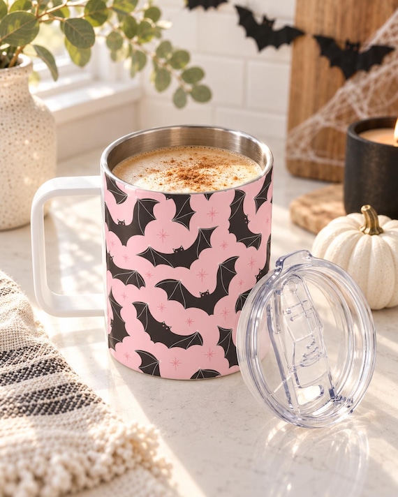 Pink Bat Halloween Travel Mug | Insulated Coffee Cup with Lid