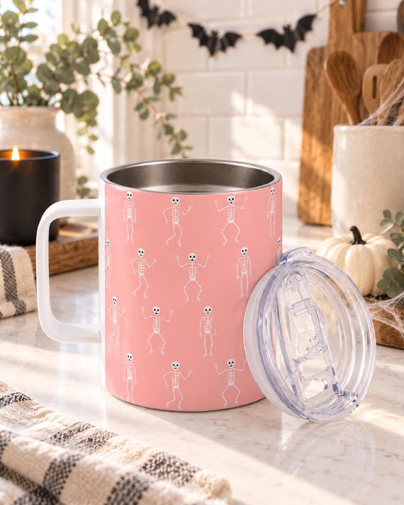 Pink Skeleton Halloween Travel Mug | Insulated Coffee Cup with Lid