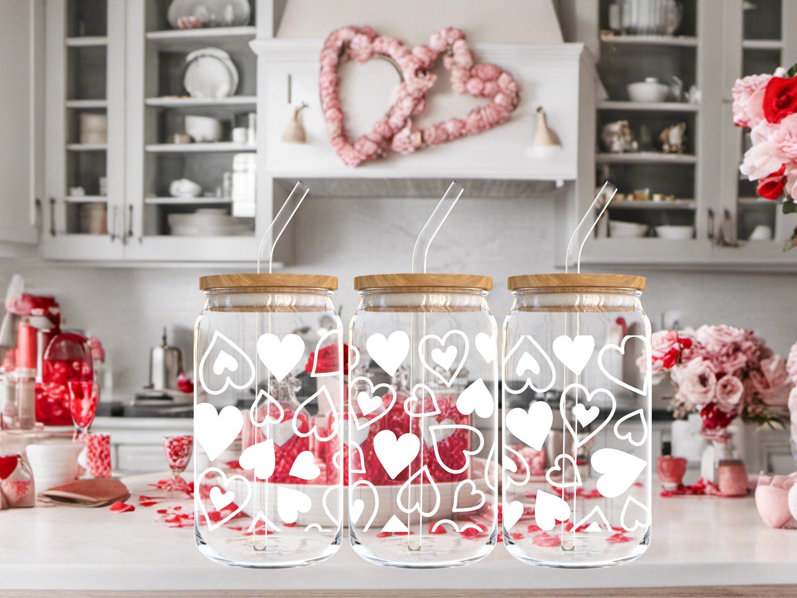 16 Oz Glass Can Cup With Bamboo Lid and Glass Straw – Heart Pattern ...
