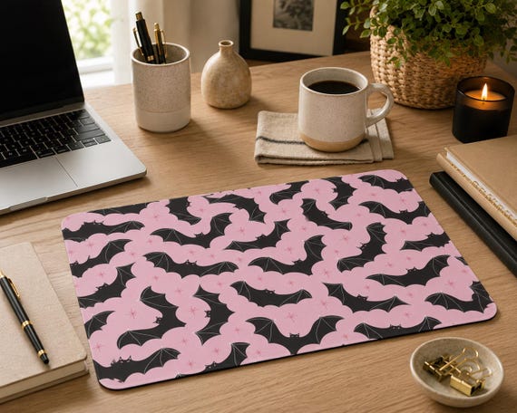 Halloween Mouse Pad | Pink Bat Design | Desk Decor, Office Accessory | Fall Decor