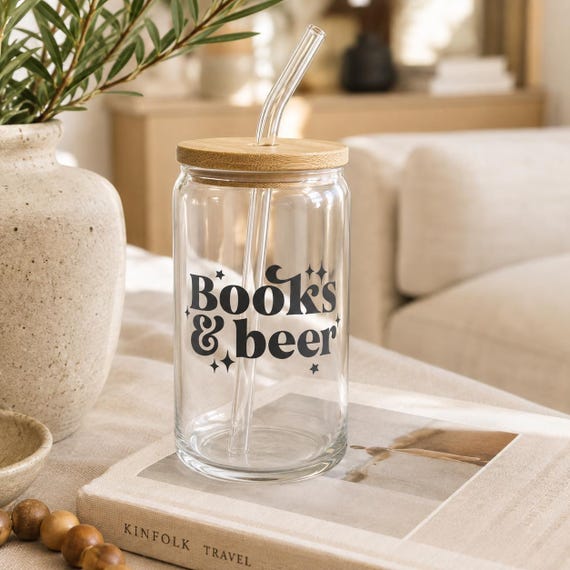 Books & Beer Glass Can, Reading Tumbler, Literary Lover Gift, 16oz Iced Coffee Cup