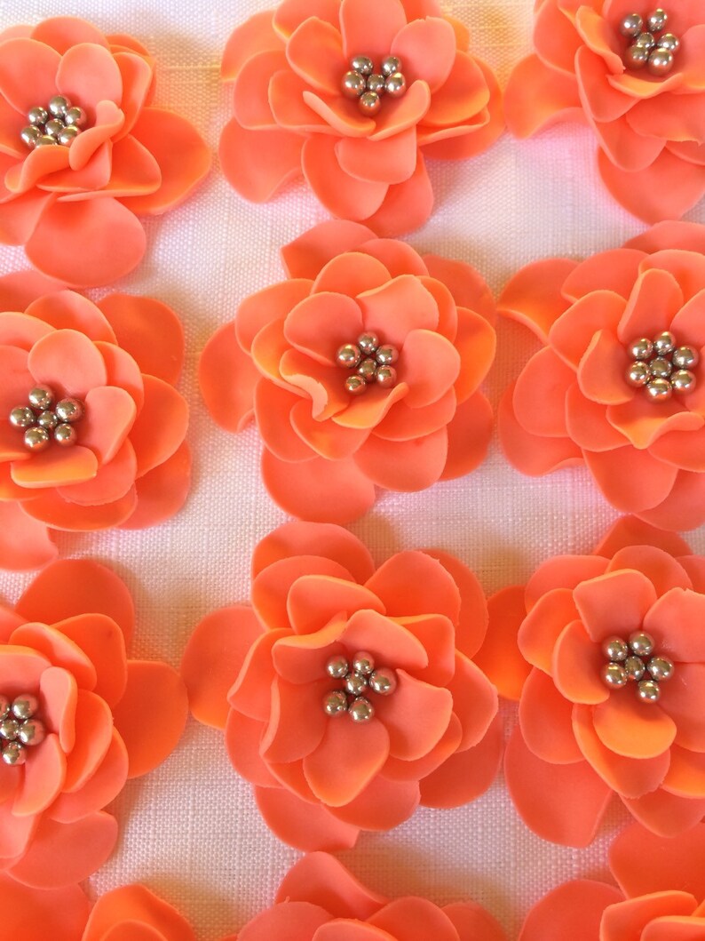 12 Flower Cake Topper Fondant Flowers Coral Silver Edible Etsy