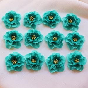 fondant flowers, 12pcs Shabby chic Turquoise gold blossom edible cake topper cupcake toppers  decorations favors wedding birthday christenin