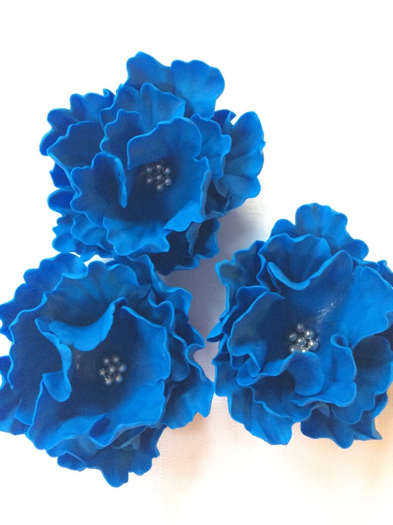 Fondant Flowers 3pcs Cobalt Blue Silver Large Peony Fondant Etsy