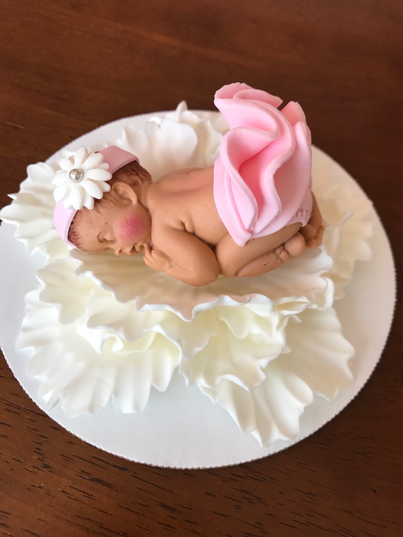 Baby on Flower Cake Topper Girl Baby Shower Cake Topper White Etsy