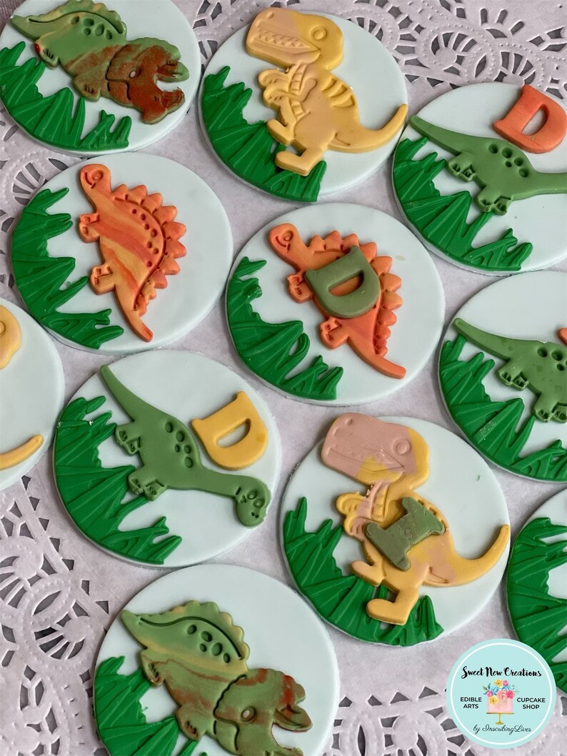12 Dinosaur Cupcake Toppers Edible Fondant Cake Topper Cookie Etsy