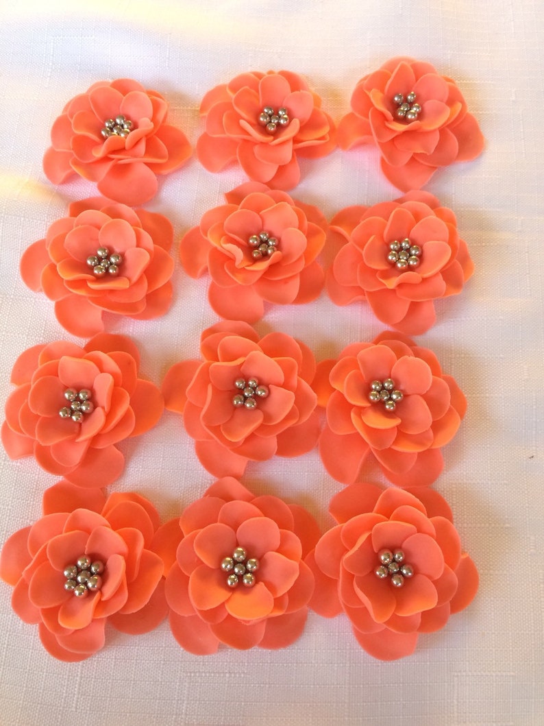 12 Flower Cake Topper Fondant Flowers Coral Silver Edible Etsy