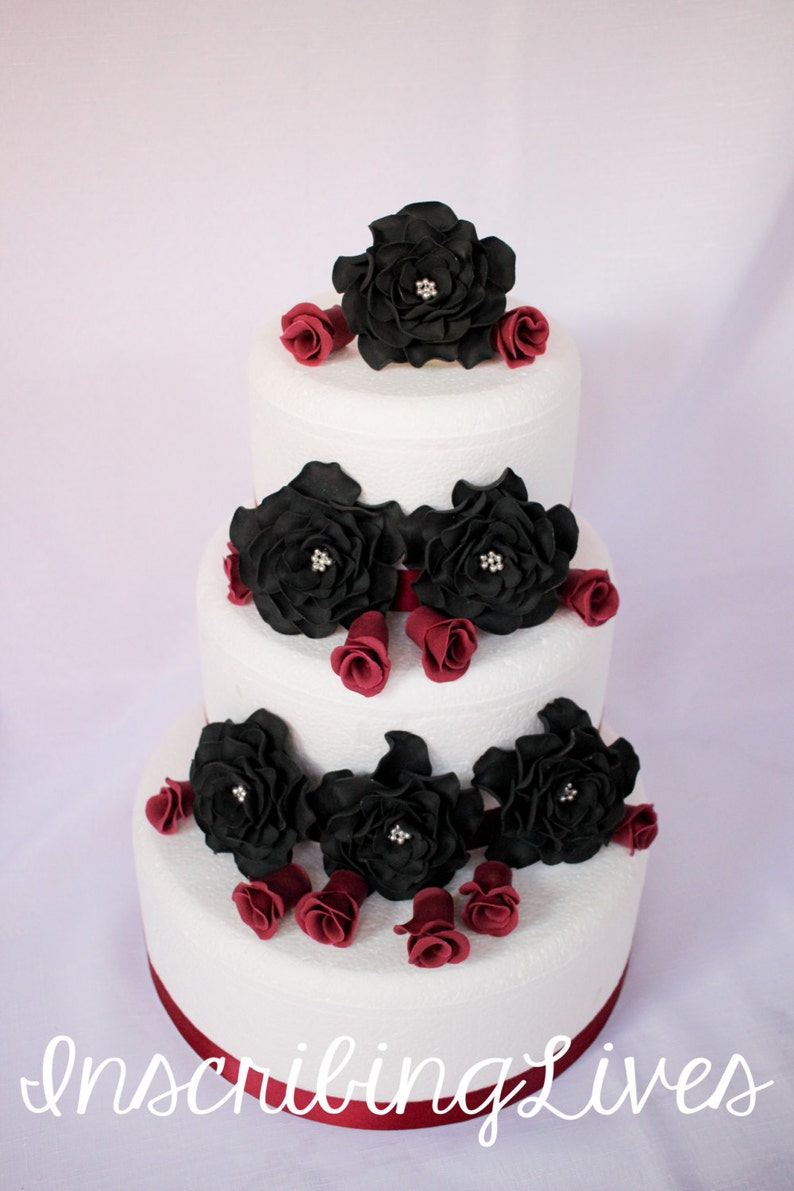 Black Wedding Cake Topper 18pcs Edible Burgundy Fondant Etsy