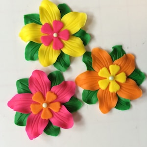 12 Luau Hawaiian fondant flowers cake cupcake toppers fiesta edible flowers decorations wedding birthday mother&#39;s day easter tri-color