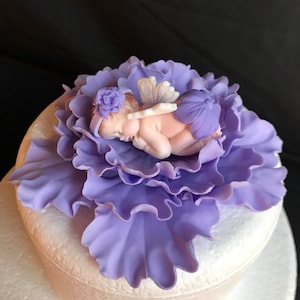 Fairy baby shower cake topper girl lavender peony 3D figures edible fondant purple flower decorations christening baptism cake topper