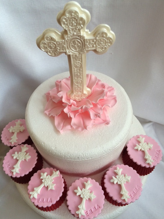 Première Sainte Communion Baptême Étoile Nom Cake Topper Croix Rose Bleu Argent