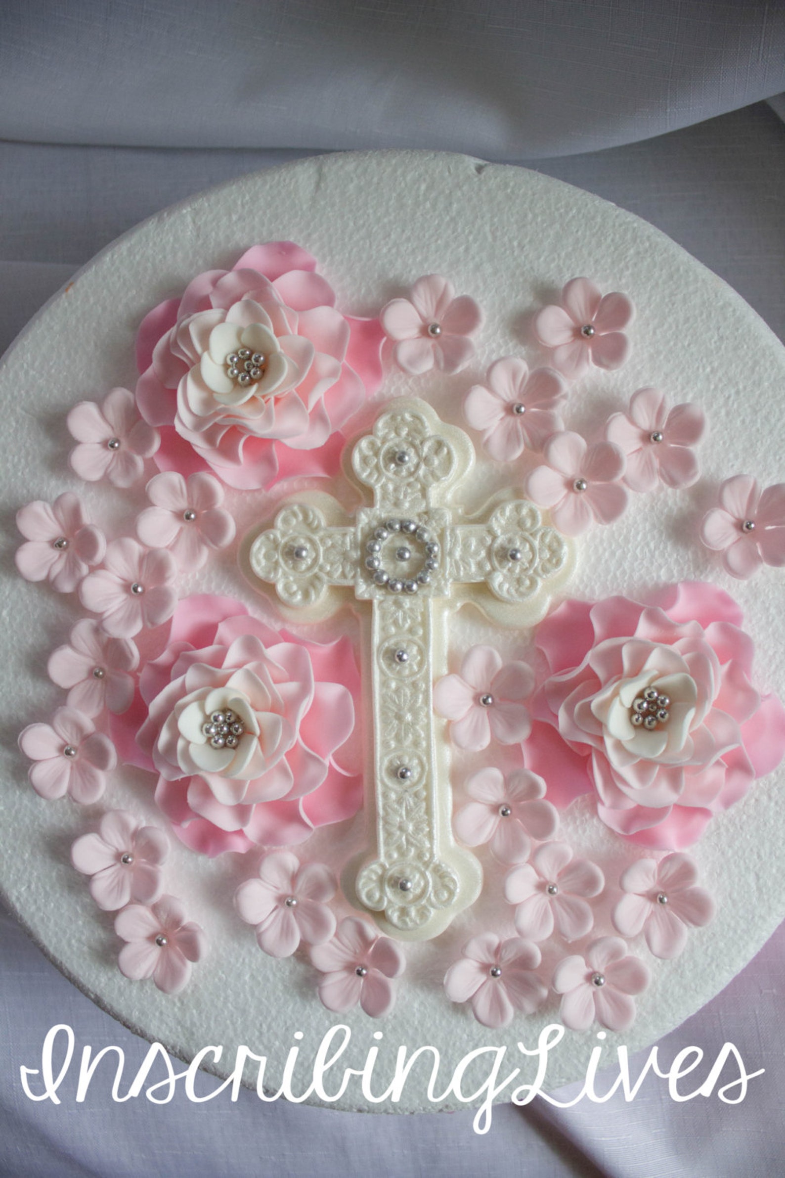 Christening Cake Topper Girl 28pcs Edible Pink Fondant Flower Etsy