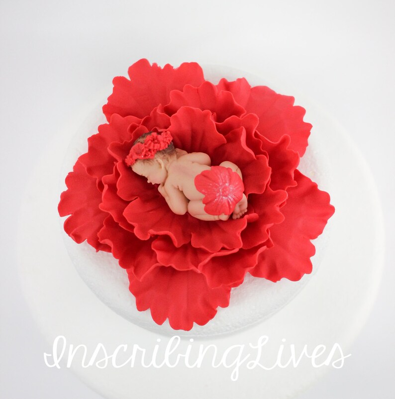 Red Baby Shower Cake Topper Girl Baby on Flower Peony 3D Etsy
