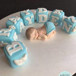 letter blocks baby shower cake topper fondant edible alphabet numbers baby blue 3D figures decorations christening baptism keepsake