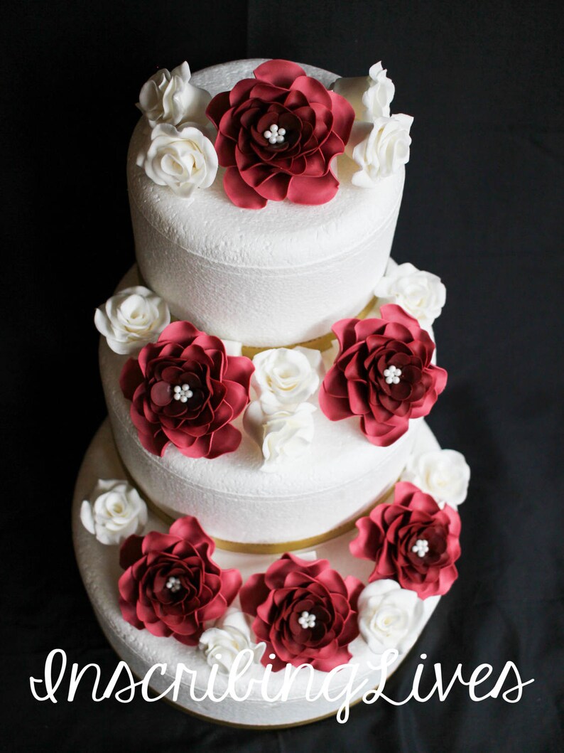 Burgundy Wedding Cake Flowers Burgundy White Cake Topper 18pcs Etsy