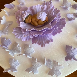 Butterfly baby shower cake topper 29pcs girl lavender peony 3D figures edible fondant purple flower decorations christening baptism