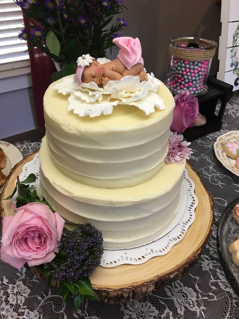 Baby on Flower Cake Topper Girl Baby Shower Cake Topper White Etsy