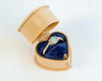 Antique Heart-Shaped Bakelite Ring Box: Ivory & Royal Blue Velvet