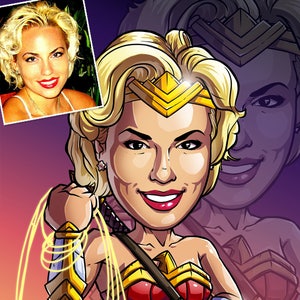 Retrato personalizado mulher maravilha ilustração cartaz presente quadrinhos retrato decoração presente aniversário caricatura super-herói arte personalizado herói dos desenhos animados arte