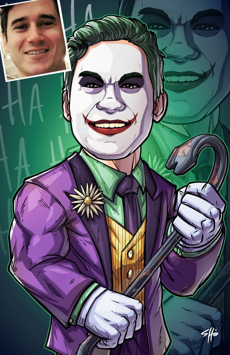 Be The Villain: The Joker custom art, cartoon drawing, superhero portrait, gift for him, poster, illustration, comic, caricature image 1