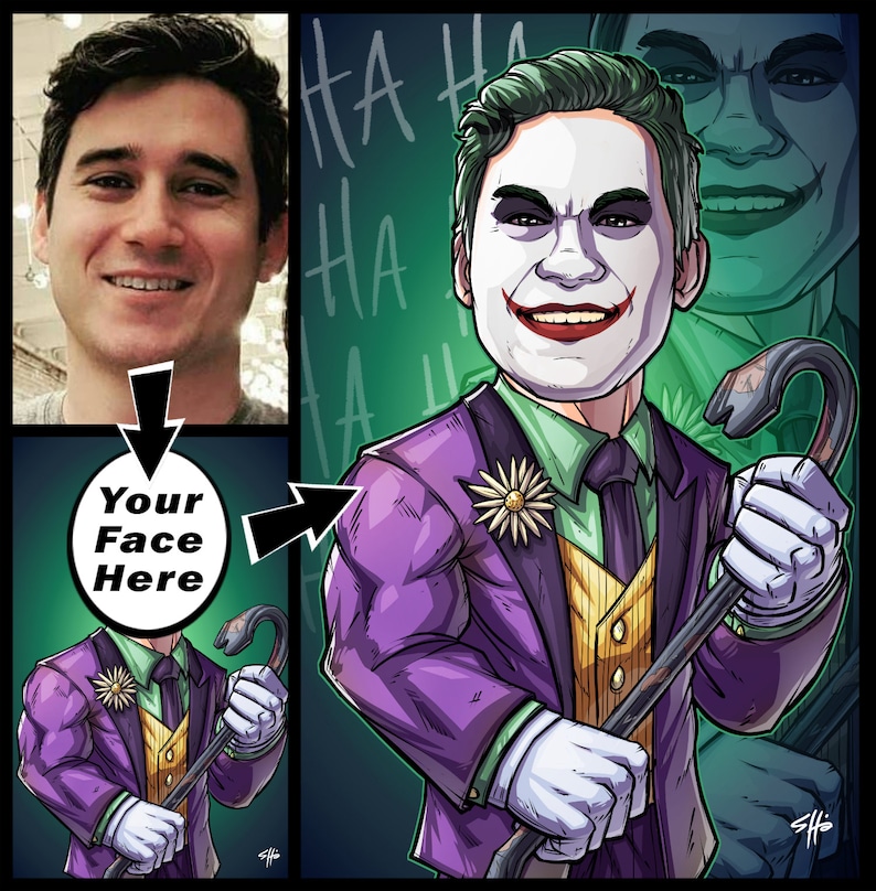 Be The Villain: The Joker custom art, cartoon drawing, superhero portrait, gift for him, poster, illustration, comic, caricature image 2