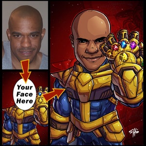 Be The Villain: Thanos, 11x17 custom art, cartoon, superhero portrait, gift for him, poster, illustration, comic, caricature, dad image 2