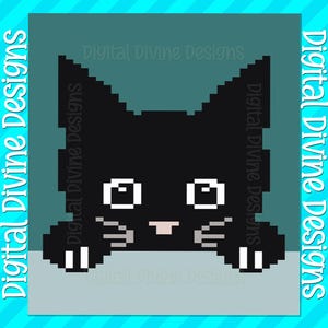 May include: A black pixelated cat with white eyes and paws peeking over a teal blue background. The text "Digital Divine Designs" is repeated around the image.