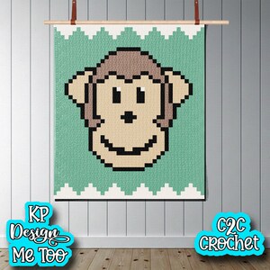 May include: A square crochet wall hanging featuring a pixelated monkey face in shades of tan and brown against a mint green background. The design includes white zigzag borders at the top and bottom. Text reads KP Design Me Too and C2C CROCHET.