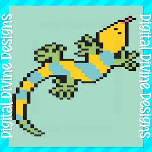 May include: Pixel art design of a yellow, blue and green lizard with a pink tongue. The lizard is on a light blue background.