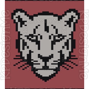 May include: A pixel art graphic featuring a stylized gray panther head with black outlines and whiskers, centered on a muted red background. The design includes horizontal black bars at the top and bottom, with the text KPDesignMe repeated.