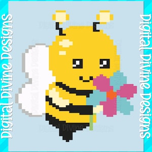 May include: A pixel art design of a cartoon bee holding a pink flower with a blue center. The bee is yellow with black stripes and white wings. The background is light blue.