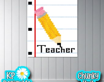 Teacher Pencil Graphic Blanket Pattern: Chunky Finger Knit (Digital Download)