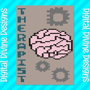 Puede incluir: Una impresión de arte digital con un cerebro rosa pixelado, engranajes grises y la palabra "THERAPIST" en turquesa. El diseño está sobre un fondo beige, con "Digital Divine Designs" en blanco sobre un fondo turquesa.