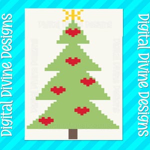 May include: A pixelated Christmas tree design with a green body, red heart ornaments, and a yellow star on top. The image is set against a white background, framed by a blue and white striped border, and includes the text "Digital Divine Designs".
