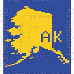 May include: A pixel art graphic featuring a yellow silhouette of the state of Alaska set against a solid blue background. The letters AK are rendered in a blue pixelated font within the centre of the yellow state shape. The design is repeated.