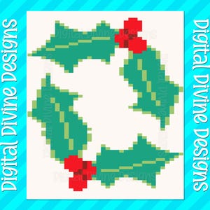 May include: A digital illustration of a Christmas wreath, featuring green pixelated leaves and red berries. The image is framed by the text "Digital Divine Designs" on a blue and white striped background.
