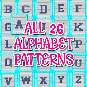 Oferta em massa de todos os 26 padrões de letras gráficas de blocos universitários, cobertor de malha de dedo grosso, apenas padrão para download digital, alfabeto correspondente completo