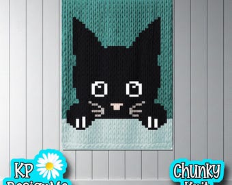 Peeking Black Kitty Cat Blanket Pattern: Chunky Finger Knit (Digital Download)