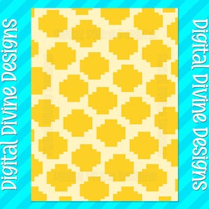 May include: A digital design featuring a repeating pattern of yellow geometric shapes on a cream background. The words "Digital Divine Designs" are written in white script on a blue striped background.