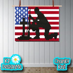 May include: A chunky knit wall hanging featuring the American flag with a silhouette of a kneeling soldier and a cross. The flag has red and white stripes with a blue field of white stars. The text "KP DesignMe" and "Chunky Knit" are also visible.
