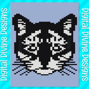 Puede incluir: Imagen de arte de píxeles de la cara de un gato blanco y negro sobre un fondo azul claro. El gato tiene la nariz blanca y marcas blancas alrededor de los ojos.