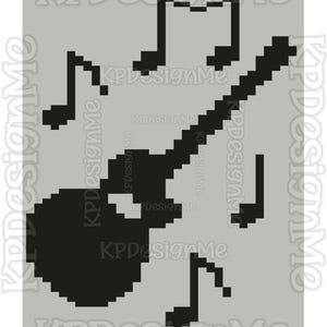 May include: A black pixel art graphic of an electric guitar positioned diagonally, surrounded by four black musical notes. The design is set against a light gray background with the repeating watermark text KPDesignMe visible throughout the image.